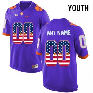 Youth Clemson Tigers #00 Purple Stitched US Flag Custom Football Jersey